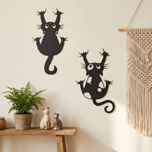 Otoolling Black Cat Wall Art Funny Black Metal Cat Wall Hanging Decor Minimalist Signs for Cats Lover Home Bedroom Living Room Patio Bathroom Office Decor (2 Pcs,Aprox 7" X 12")