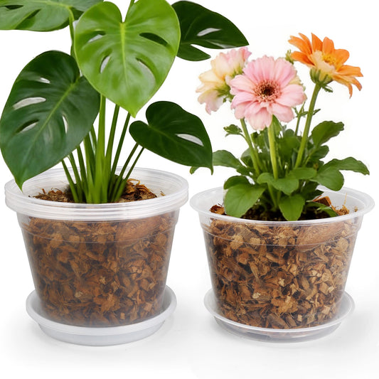 FUOAUYK 12 Inch Clear Nursery Pots with Drainage and Saucers, 5 Pack Large Clear Plastic Nursery Pots for Plants, Seedling Plant Pots for Repotting and Growing Plants, Flowers & Vegetables (12 inch)