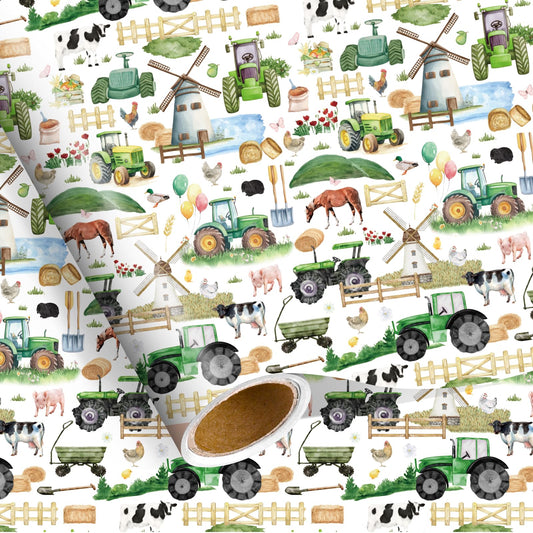Pineraap Farm Birthday Gift Wrapping Paper Roll, 17 Inch × 16.4 Feet, Farm Animal Gift Wrap, Green Tractor Birthday Wrapping Paper for Farm Lovers Baby Shower Holiday Rustic Party Decoration