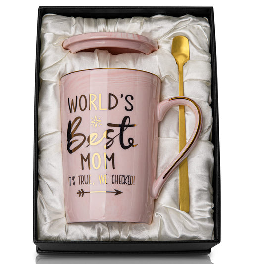 Mothers Day Birthday Gifts for Mom from Daughter Son - 14Oz Funny Best Mom Mug with Gold Print, Unique Pink Marble Coffee Cup with Lid Spoon Greeting Card, Happy Moms Gifts Idea, Luxury Gift Boxed Set