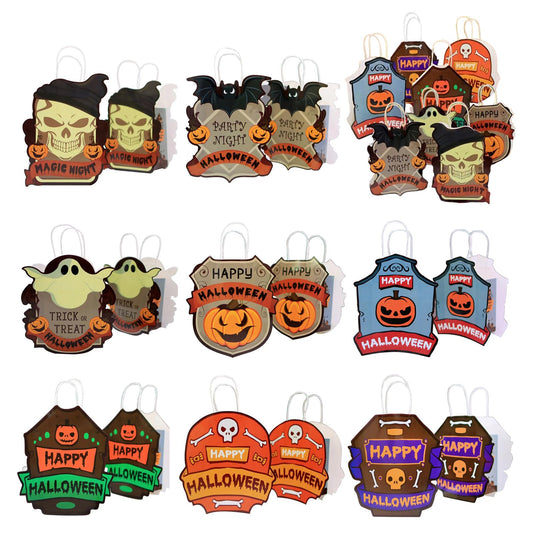 YUEZODU 16 Pcs Halloween Paper Bags with Handle, Gift Tote bags in 8 Designs for Trick or Treat Party Favors Supplies