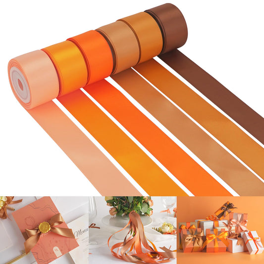 HUIHUANG Terracotta Ribbon 1 inch Orange Double-Faced Satin Ribbon Pack 6 Rolls, Silk Satin Ribbons for Fall Wedding Flower Bouquet Wrap Hair Bows Making Gift Wrapping and Crafts- Total 30 Yards