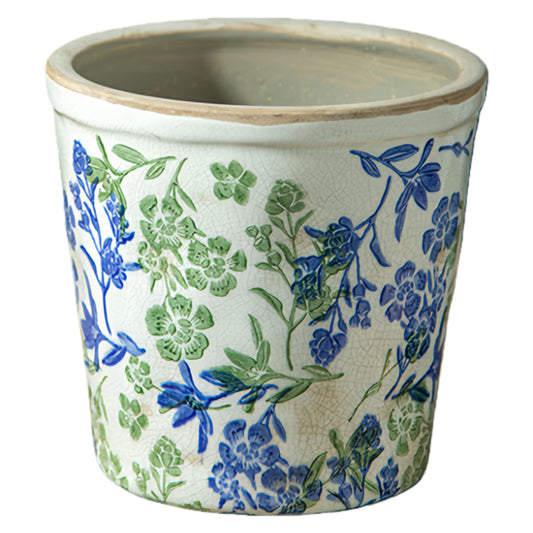 SYDDOL Retro Rustic Ceramic Plant Pot with Drainage Hole, Vintage Decorative Indoor Planter with Crackle Glaze & Hand-Painted Floral Design, Rustic Flower Pot for Home and Garden (Blue, Large)