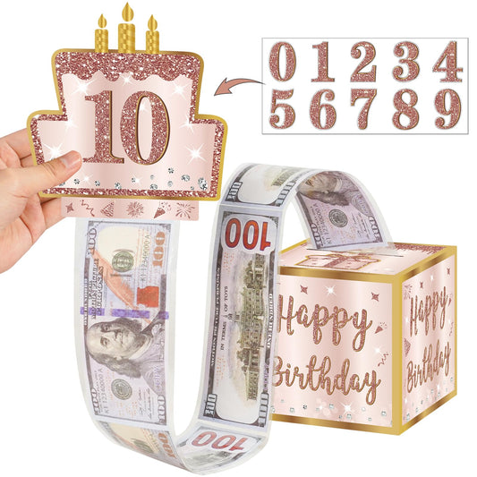 Turypaty Happy Birthday Money Gift Box with DIY Stickers for Any Age - Pink Rose Gold Surprise Birthday Party Cash Gift Box with Pull Out Card for Women Girls - A Fun Way to Present Cash as Gifts