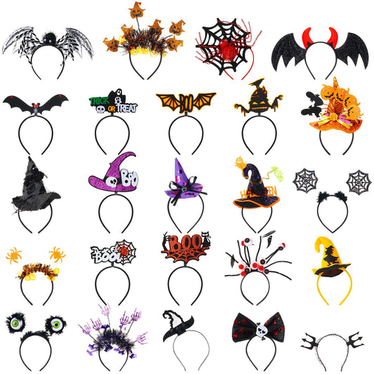 Lyrow Halloween Headbands Bulk for Women Halloween Witch Hat, Spiderweb, Bat, Ghost, Eyeballs, Boo Headwear Photo Booth Props for Women Adult Cosplay Costume(24 Pcs,Fresh Style)
