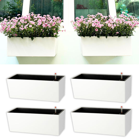 LaLaGreen Outdoor Wall Planters (14 Inch, 4 Pack) White Self-Watering Wall Mounted Flower Boxes, Rectangular Window Box Hanging Planters Plastic Containers Pot Indoor Herbs Modern Home Garden Decor