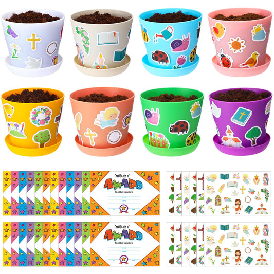 Domensi 30 Set Mothers Day Crafts for Kids Classroom Flower Pot Craft Bulk 4 Inch Spring Garden Plastic DIY Plant Pot with Tray 30 Sheet Christian Sticker 30 Certificates Card for School(Colorful)