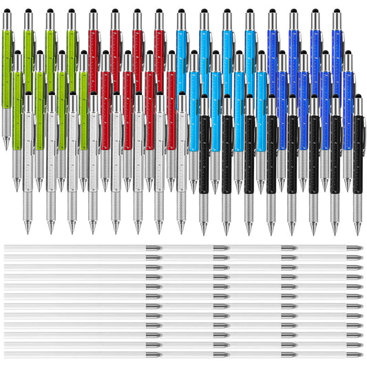 Chinco 48 Pcs Multi Tool 6 in 1 Ballpoint Pen for Men Dad Gifts for Father Multi Function Screwdriver Touch Screen Pen with Ruler Level Gauge Present and 48 Pcs Black Ink Refills(Assorted Color)