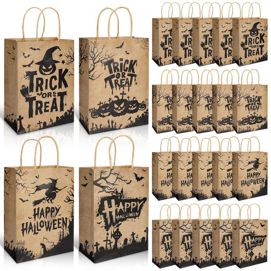 Whaline 24Pcs Halloween Vintage Kraft Paper Gift Bags with Handle Spooky Pumpkin Witch Candy Treat Bags Trick or Treat Goodie Favor Bags for Halloween Party Supplies