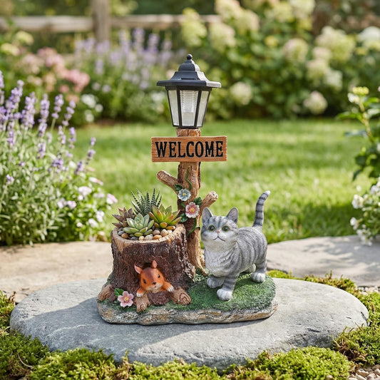 UNOIRNM Cat and Squirrel Garden Statue - with Solar Lantern and Tree Stump Planter, 18.5" Resin Gray Tabby Figurine for Outdoor Patio Decor, 9.3 lbs Animal Sculpture, 14.2" Wide Welcome Ornament