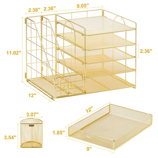 Marbrasse Rose Gold Desk Organizer with File Holder, 5-Tier Paper Letter Tray Organizer with Drawer and 2 Pen Holder, Mesh Desktop Organizer and Storage with Magazine Holder for Office Supplies