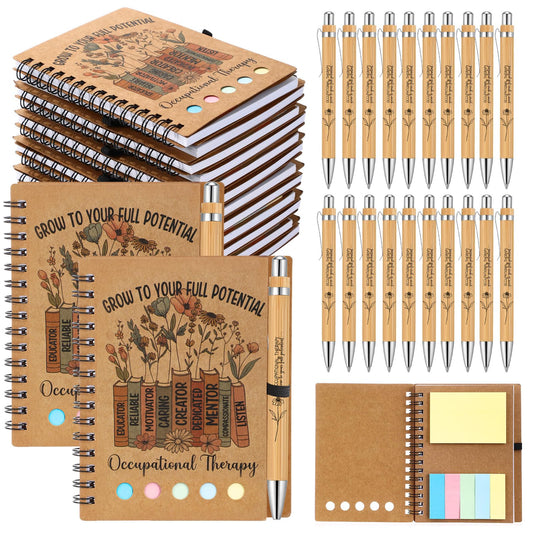 Jetec 20 Set Occupational Therapy Appreciation Gifts Bulk OT Month A6 Spiral Journal Notebooks with Sticky Notes Bamboo Pens for Occupational Therapist Must Haves Supplies