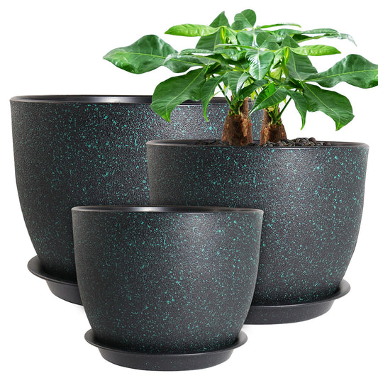 UOUZ 12/10/9 Large Modern Plant Pots, Plastic Planters with Drainage Holes and Saucers for Indoor Outdoor Plants Flowers, Black with Green Speckles