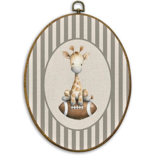 CUANFDDSF Giraffe Football Nursery Oval Wall Art Decor, Sports Wall Hanging Decor, Neutral Striped Football Wild Animal Framed Canvas Prints for Kids Boy Nursery Room Bedroom Playroom, 8.6x11.4 Inch