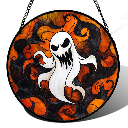 HWRHTR Stained Glass Window Hanging - Halloween White Ghost Suncatcher for Doors Window Garden Indoor Spooky Funny Orange Sun Catchers Gothic Decor Horror Gifts for Women Men Friend 6.3 in