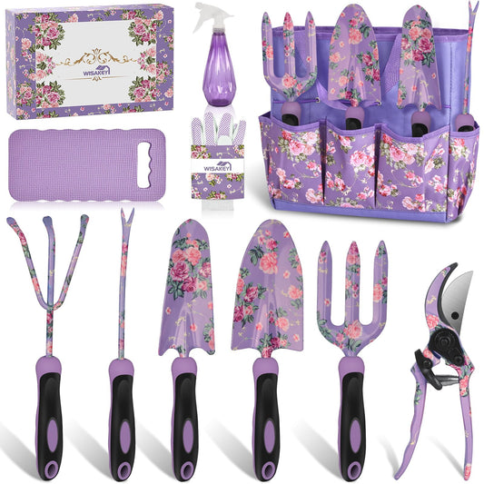 Gardening Tools, WisaKey 10 Piece Heavy Duty Purple Garden Tool Set Durable Garden Supplies Organizer Bag Garden Hand Tools Grandmother Granny for Woman Mothers