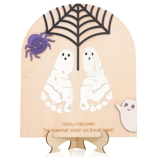 Spider Web Handprint Sign Board - Happy Halloween Party Souvenir,Spooky Little Spider Craft Display,Halloween Handprint Art Wood Board,Spooky Cobweb Party Centerpieces Photo Props