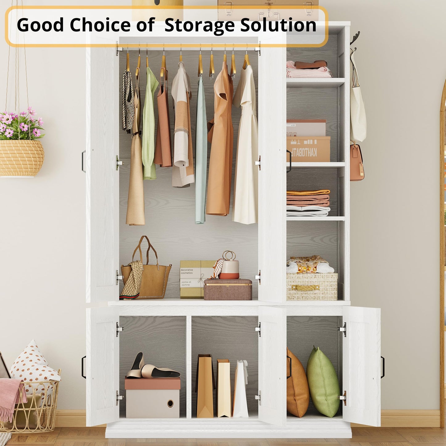 LIKIMIO Armoire Wardrobe Closet 70" H, 5 Doors Bedroom Wooden Wardrobe with 4 Storage Shelves and Hanging Rod, Clothing Storage Cabinet Organizer Combination, White