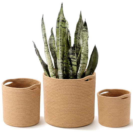 Xuhal 3 Pcs Plant Basket Woven Storage Basket Boho Planter Baskets Modern Woven Flower Tree Pots for Home Decor Blankets Organization (Khaki‌)