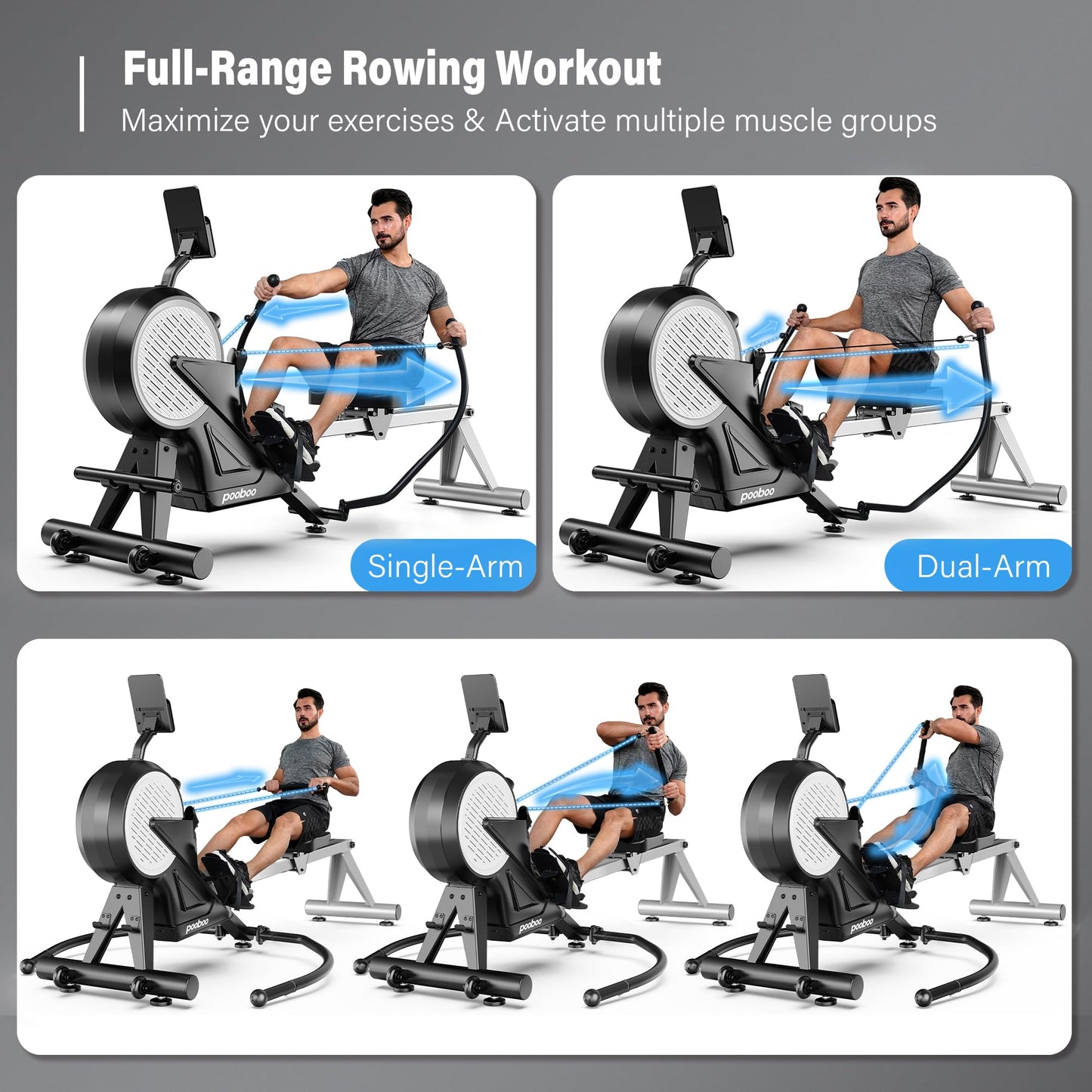 pooboo Rowing Machines for Home, Dual Wind & Magnetic Resistance, Foldable Row Machine 400 LB Weight Capacity, 14 Levels Resistance Quiet Rowers for at Home Exercise, App Supported (Black)