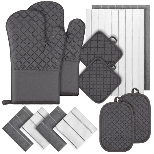 Oven Mitts Kitchen Towels Dishcloths with Pot Holders Sets 12pcs Dish Towels Sets Oven Gloves Pot Pads Heat Resistant 500 Degrees with Non-Slip Silicone Surface for Cooking Baking Grilling