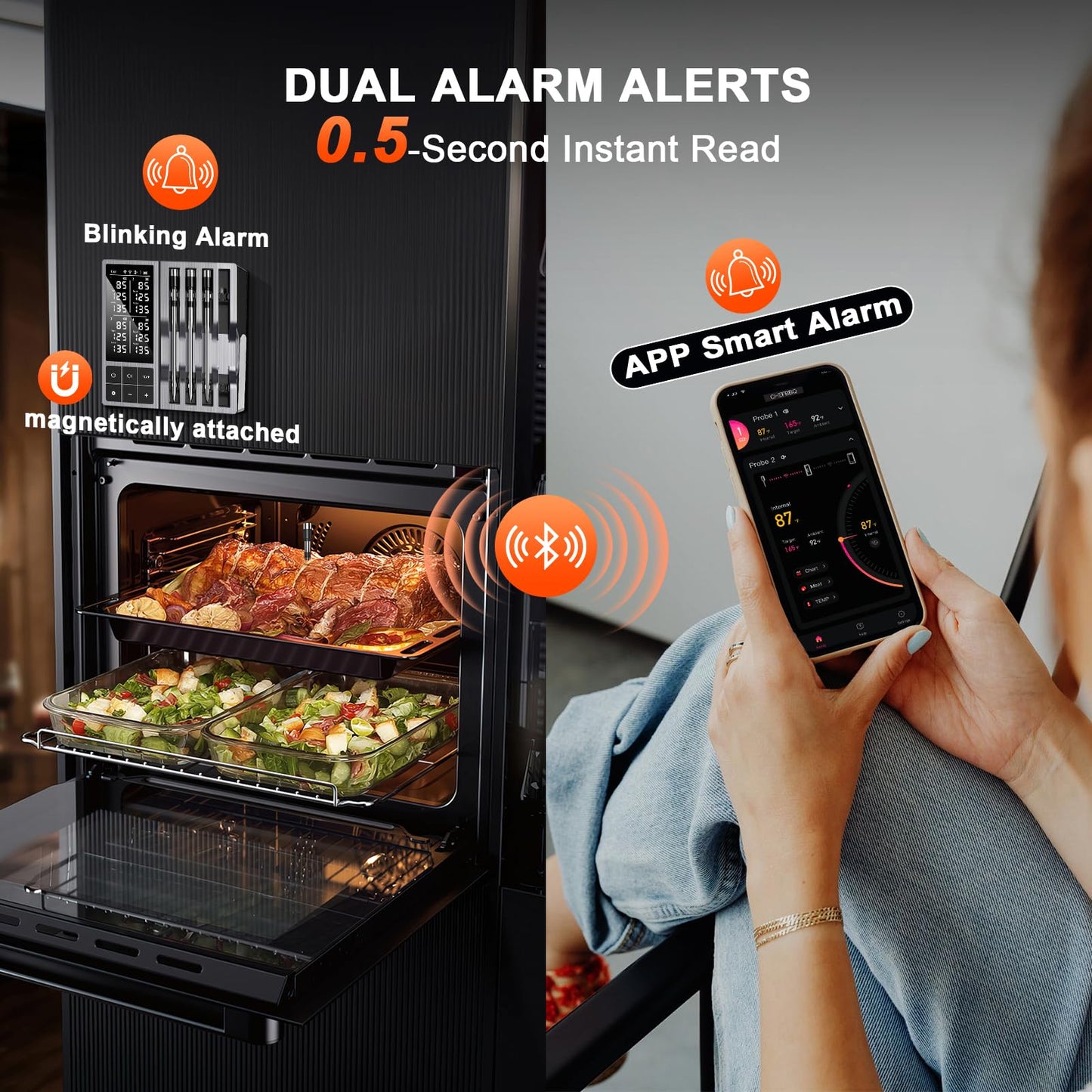 Wireless Meat Thermometer with Smart Timer & APP Alerts, 800ft Bluetooth Grill Food Thermometer, 4 X 0.19In Ultra Thin Probes, ±0.5℉ Accuracy, Big Digital Backlit Screen, for BBQ, Oven, Smoker