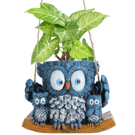 White Owl Family Hanging Flower Pot with Wooden Base, Cute Desktop Decor Ceramic Planter for Indoor Succulent Plants, Unique Hanging Bird Nest Pottery for Home Garden Wall Decor