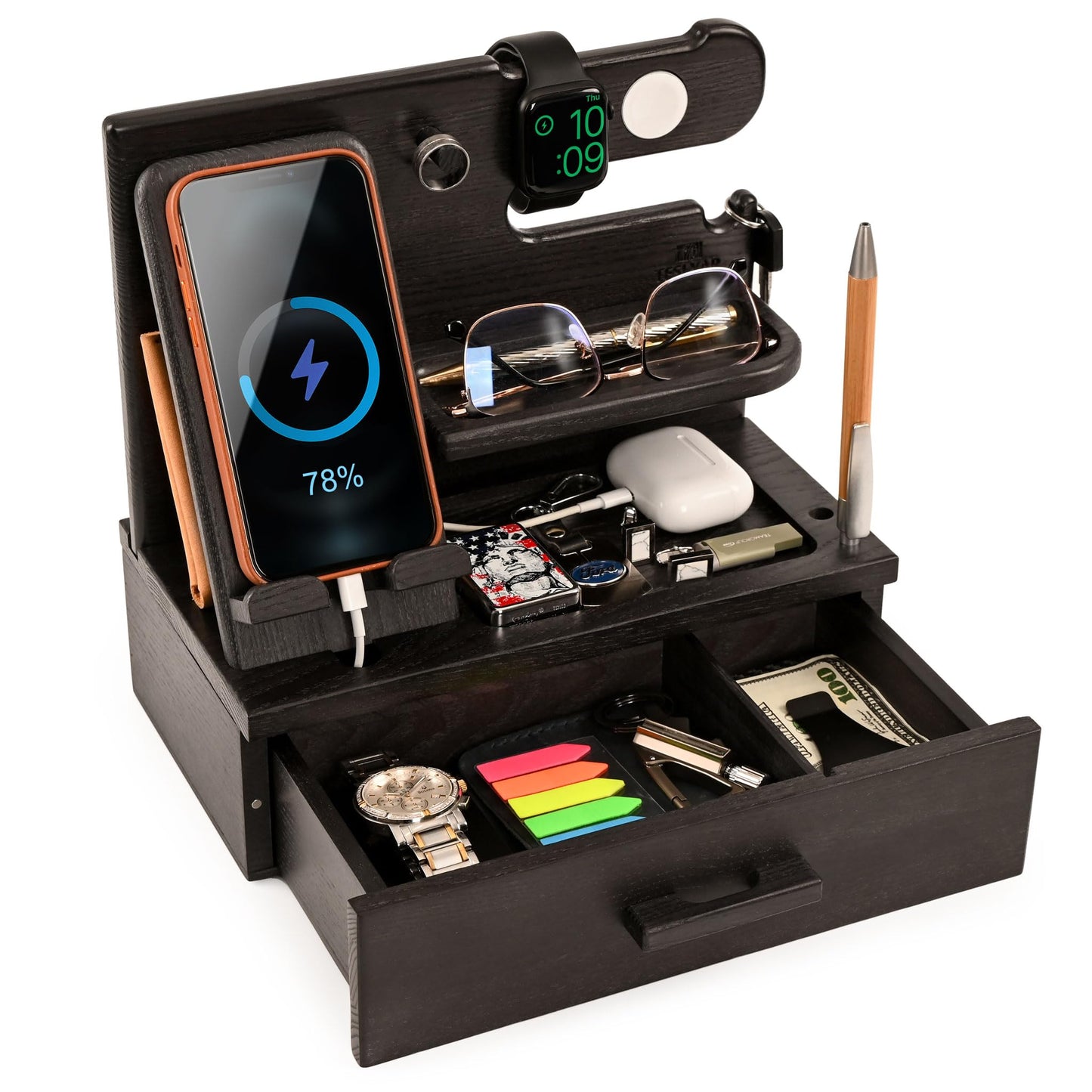 TESLYAR Wood Phone Docking Station with Drawer - Nightstand Organizer - Desk Organizer for Husband - Birthday Gifts for Men, Dad, Anniversary Idea, Key Holder Stand Watch & Accessories (Granite Black)