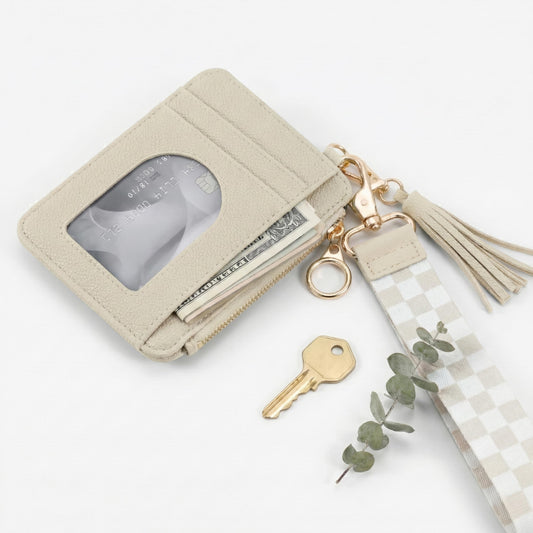 Stylish Wristlet Keychain Wallet for Women - Slim Design Credit Card Holder w/ Plenty of Storage incl. Clear ID Window & Zipper Pocket - Easy Carry RFID Blocking Wallet w/ Tassel, Lanyard & Gold Rings