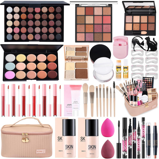 All-in-One Makeup Kit for Women Full Kit, Makeup Gift Set for Women Teens Girls, Makeup Essential Bundle Includes Eyeshadow Foundation Lipsticks Mascara Eyeliner Contour Stick Cosmetic Brush Set