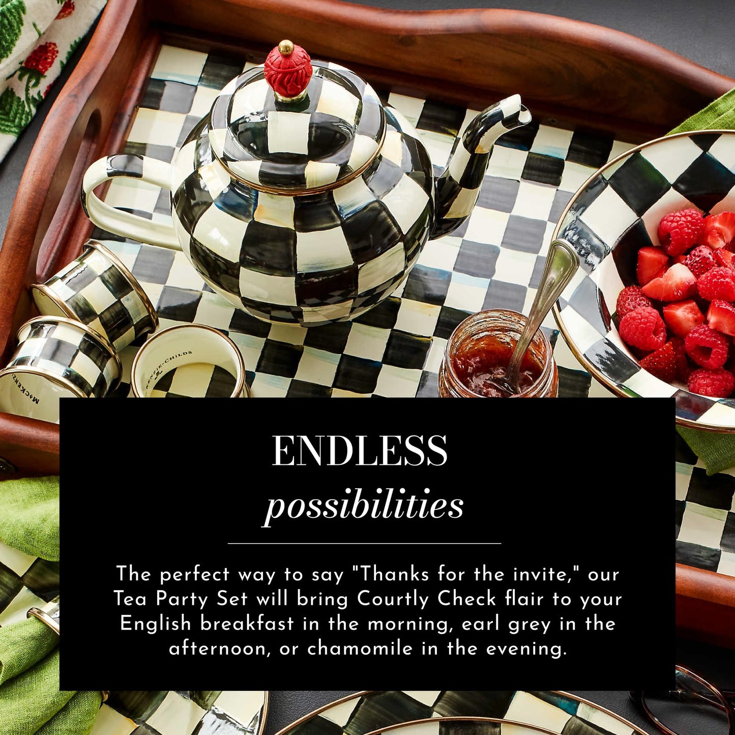 MACKENZIE-CHILDS Enamel Tea Party Set, Unique Teapot and Teacups, Tea Accessories Set, Black-and-White Courtly Check