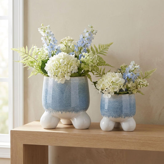 Ceramic Planter Pots Set – Planters for Lush Greenery, Indoor Planters for Plants in Living Room or Patio, Sculptural Ball Feet Design for Elevated Outdoor Home Decor – 11" & 8", Blue and White