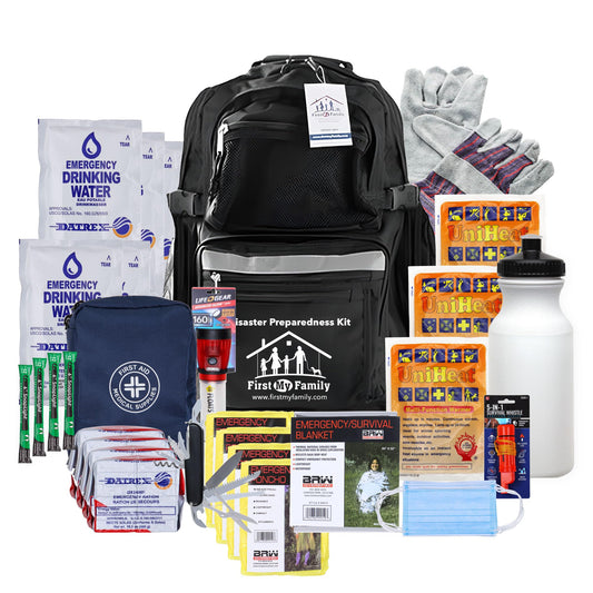 First My Family All-in-One 4 Person, 72 Hour Emergency Survival Kit for Fires, Earthquakes, Hurricanes, Floods, Tsunami and Other Disasters - Premium Black Backpack