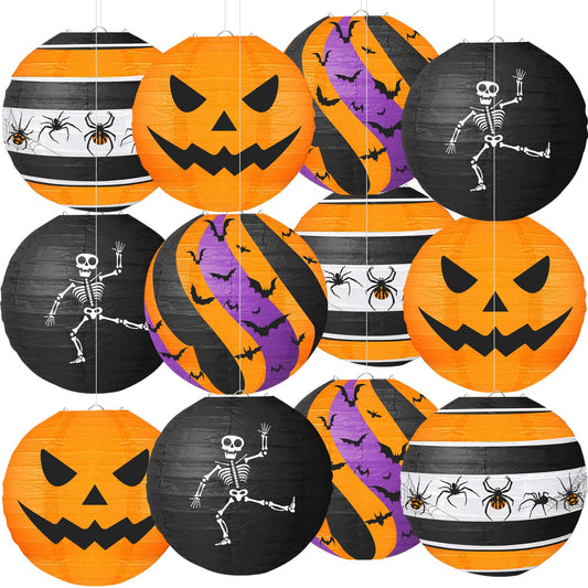 Halloween Paper Lanterns, 12 PCS Halloween Hanging Paper Lanterns, Orange Black Purple Spider Skeleton Bat Lanterns for Halloween Party Decorations Indoor Outdoor Spooky Home Decor