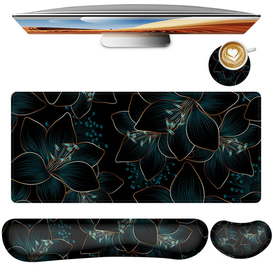 Keyboard Mouse Pad Set,Large Gaming Mouse Pad+Keyboard Wrist Rest+Wrist Rest+Coaster,Computer Desk pad Set Wrist Support for Office Desktop Laptop. (35.4" x 15.7") Extended Desk Mat (Floral)
