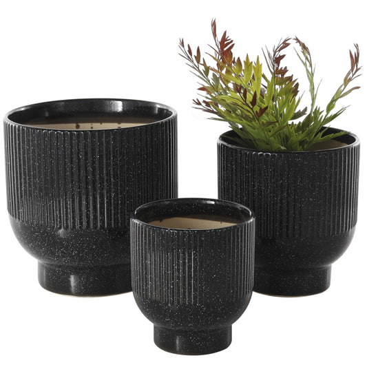 Deco 79 Ceramic Indoor Outdoor Planter Speckled Small Planter Pot with Linear Grooves and Tapered Bases, Set of 3 Planters 9", 8", 6"H, Black