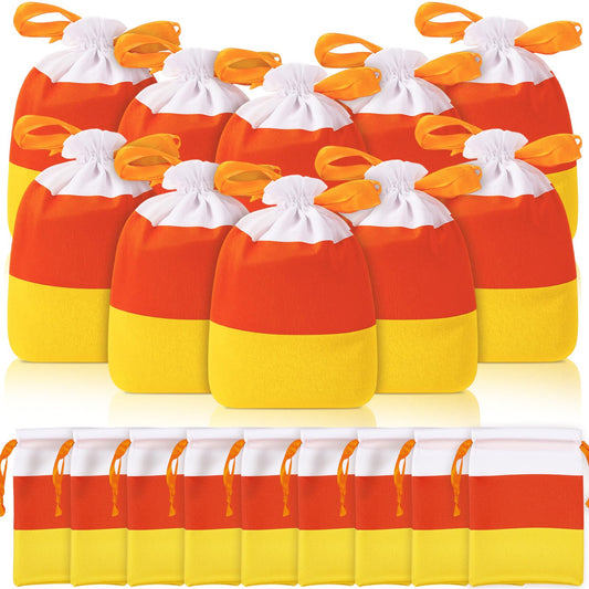 SATINIOR 24 Pack Thanksgiving Candy Corn Treat Bags Bulk Orange Fall Autumn Goodie Bags Small Satin Drawstring Funny 4"x6" Reusable Mini Gift Pouch for Holiday Party Favor Supply