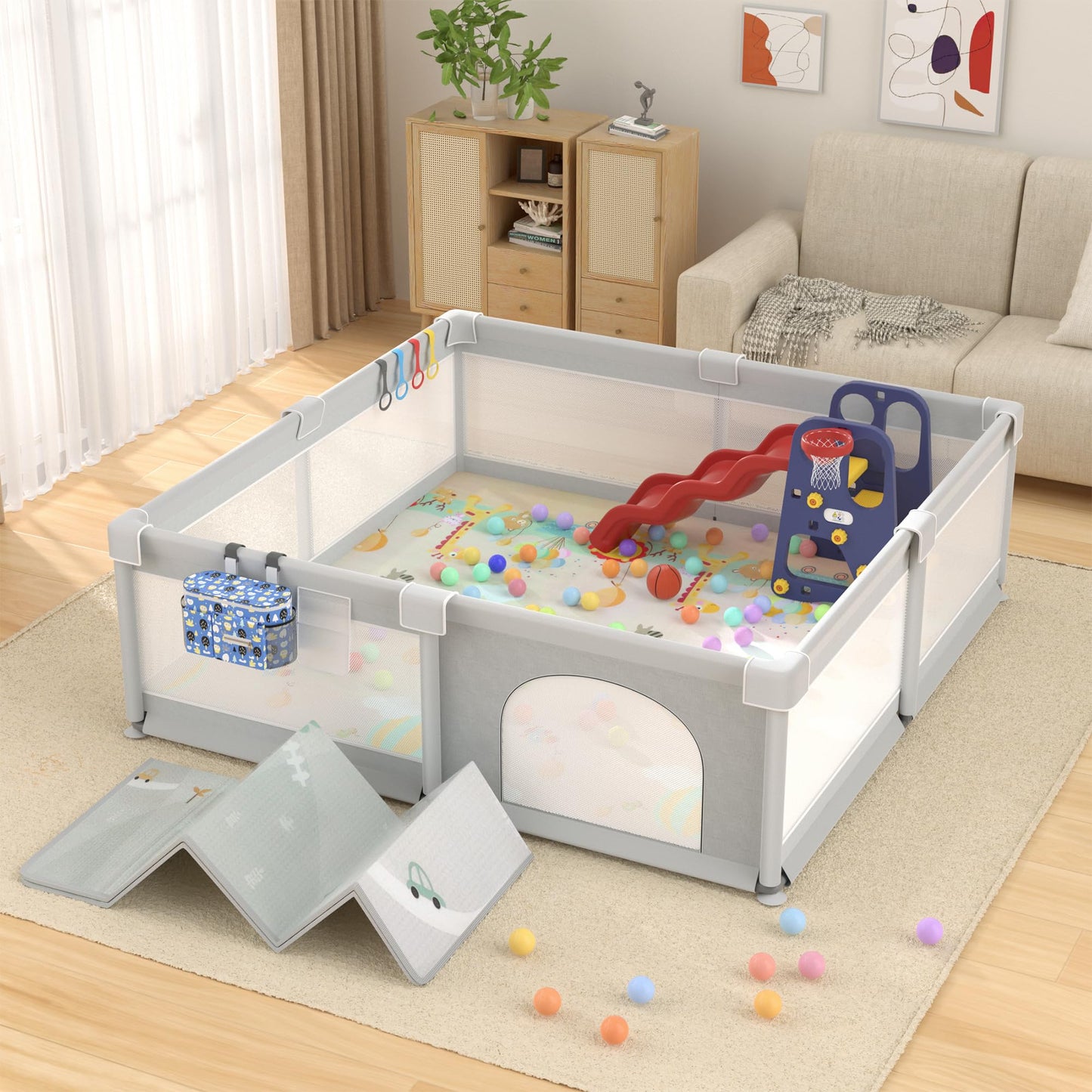 LUTIKIANG 79" x 71" Baby Playpen with Upgrade Mat, Portable Play Yard for Babies and Toddlers, Extra Large Baby Gate Playpen, Play Pin, Fence Area, Includes Ocean Balls, Pulling Rings