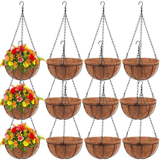 Dandat 12 Pack Hanging Planter Basket Outdoor Large Hanging Flower Pots Indoor 10 inch with Coco Coir Liner Round Wire Plant Holder Chain Basket Garden for Home Decor Balcony Office