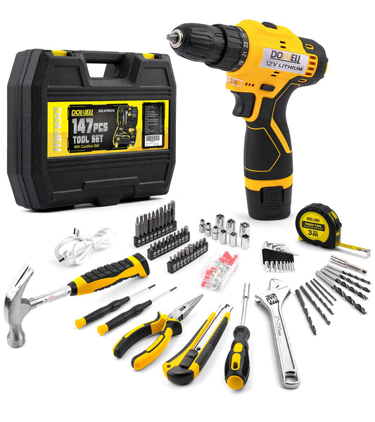 DOWELL 147 Pcs Tool Kit with 12V Cordless Drill with 3/8" Keyless Chuck for Home, Men, Built-in LED, Type-C Charge Cable