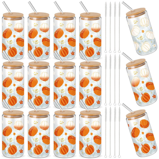 Yetene 12 Pcs Thanksgiving Fall Glass Cups Gifts 16 oz Color Changing Pumpkin Glass Tumblers with Lids Straws Brushes Funny Fall Pumpkin Iced Coffee Cups for Autumn Halloween Party Gifts Supplies
