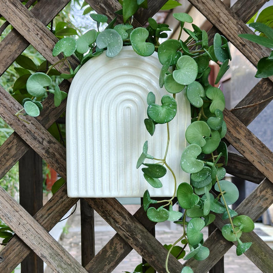 qumHmup Ceramic Wall Planter, Modern Ribbed White U-Shaped, 7.3 inch Height, Indoor Outdoor Hanging Vase with Drainage Hole, Decorative Fluted Texture