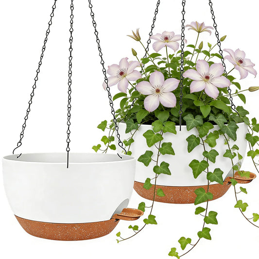 zople 2 Pack 12 Inch Self Watering Hanging Planters for Indoor Plants, Large White Brown Plastic Hanging Pots with Chains for Outdoor Patio Garden Home Decor White Brown