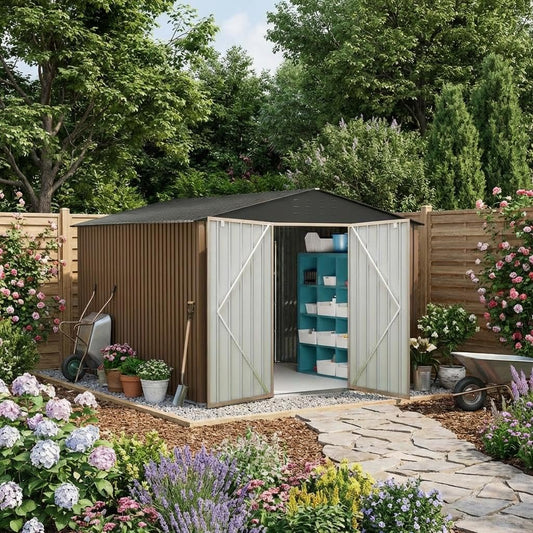 10x10 FT Outdoor Metal Storage Shed, Large Storage Sheds with Sturdy Frame Structure, Metal Garden Tool Shed with Lockable Door for Garden, Lawn, Backyard, Brown