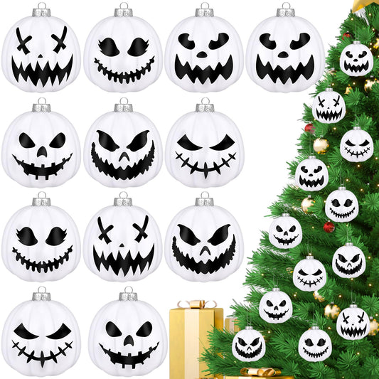 Liliful 12 Pcs 24 Pcs Night Christmas Decorations 2'' Black and White Pumpkin Christmas Tree Ornaments JackoLantern Gothic Hanging Balls Plastic Spooky Horror Ornaments for Tree Home Xmas Party Decor