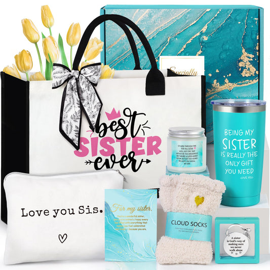 Sisters Gifts from Sister, Birthday Gift, Christmas Mothers Day Gifts for Women, Best Ever Gift Basket with Tote Bag, Cool Love You Box Unique Present Ideas for Sis Adult, Sister in Law Pink