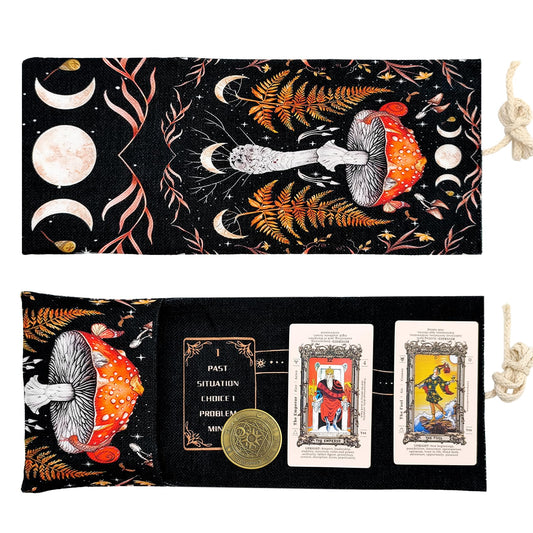 Knana 2Pcs Tarot Card Holder - Linen Tarot Deck Mat with Layout Pattern, Large Tarot Card Storage, Tarot Accessories (Mushroom)