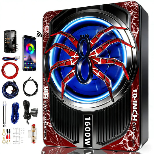 1600W 10" Slim Under Seat Subwoofers with Built-in Amp | LED Ambient Light, Deep Bass, Individual Controls (LPF/Gain/Bass Boost), High Output Distortion-Free Audio, Suitable for All Vehicle Models