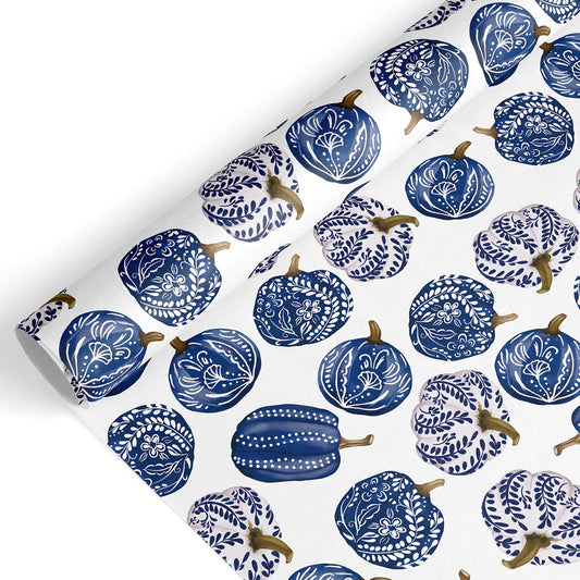 JarThenaAMCS Fall Porcelain Pumpkin Wrapping Paper -Mini Roll- 17 In x 32.8 Ft Chinoiserie Blue Pumpkin Gift Wrap Paper for Autumn Thanksgiving Birthday Party