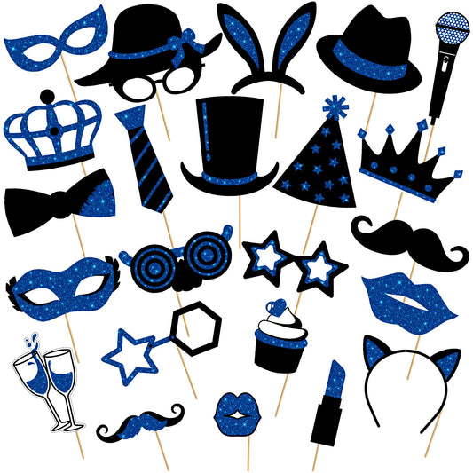 Zonon 24 Pcs Funny Photo Booth Props Class of 2026 Graduation Birthday Wedding Family Class Reunion Prom Disco Party Celebration Decoration Supplies Mix of Hats, Lipstick, Tie(Blue and Black)